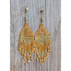 Handmade Beaded Earrings Drop / Dangle Approx 3.5 in Dangle Orange/Gold Geo